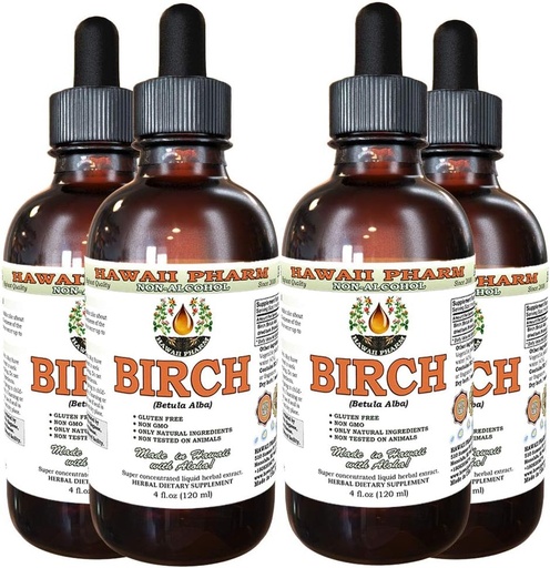 [BRSWKEYHOYMBGHDY] Birch Alkoholik gabeko Likidoa, Birch (Betula Alba) Dried Bark Glycerite Hawaii Pharm Natural Herbal Supplement 4x4 oz