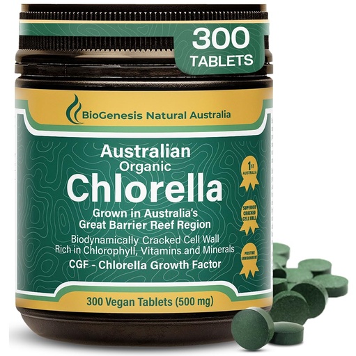 [BRSWGEAHORYRO23L] Biogenesis Organic Chlorella Tablets – 300 Count (500mg) | Australian Grown | BioDynamic Cracked Cell Wall | Rich in Chlorophyll, Vitamins & Minerals | Supports Energy& Immunity | Vegan Tablet