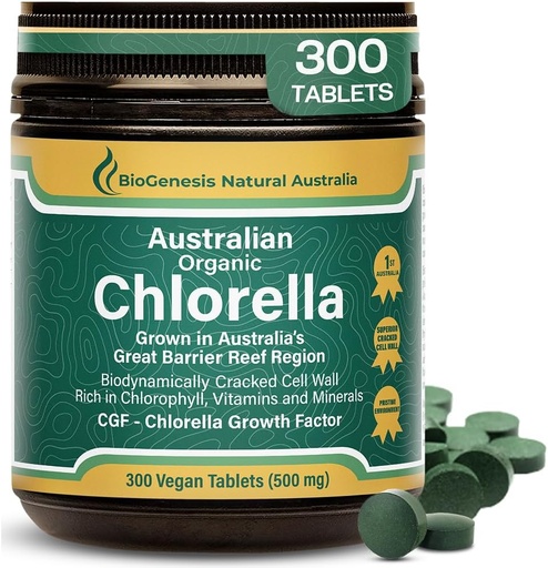 [BRSWGEAHORYRO23L] Biogenesis Organic Chlorella Tablets - 300 Count (500mg) Bendrijoje 124; Australian Grown ® 124; BioDynamic Cracked Cell Wall ® 124; Rich in Chlorofill, Vitaminai & mineralai ® 124; Palaiko energetiką ir imunitetą 124; Vegan Tablet