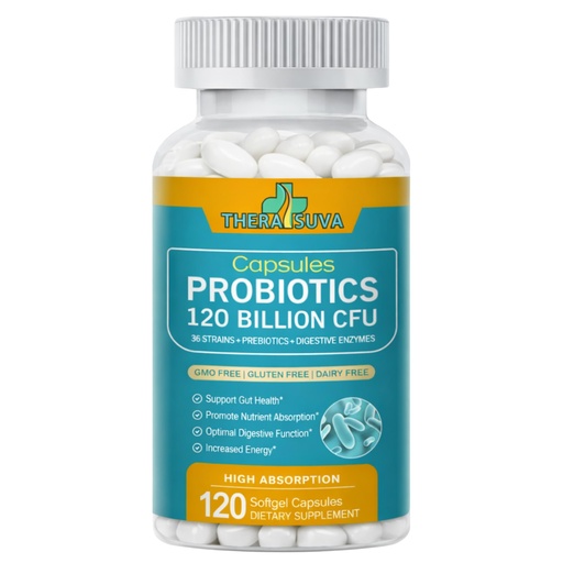 [BRSROHADCUOR6YDX] TheraSuva Probiotics 120 Billion CFU-36 Strains + Organic Prebiotics + Natural Whole Food Supplement for Ultimate Gut Health Support- 2 Month Supply, 120 Softgels