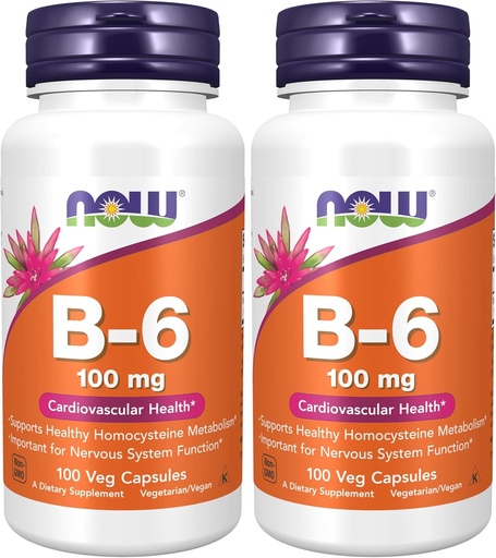 [BRSRMBA3OIDR6ADL] NOW Supplements, Vitamin B-6 (Pyridoxine HCl) 100 mg, Cardiovascular Health*, 100 Veg Capsules (Pack of 2)