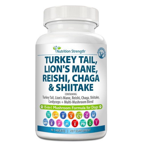 [BRSRAEL5CBYAY3L5] 15-in-1 Mushroom Support for Dogs | Turkey Tail, Lion's Mane, Reishi, Shiitake, Cordyceps, Chaga, Maitake | Immune System & Cognitive Health | 90 Canine Chewable Tablets