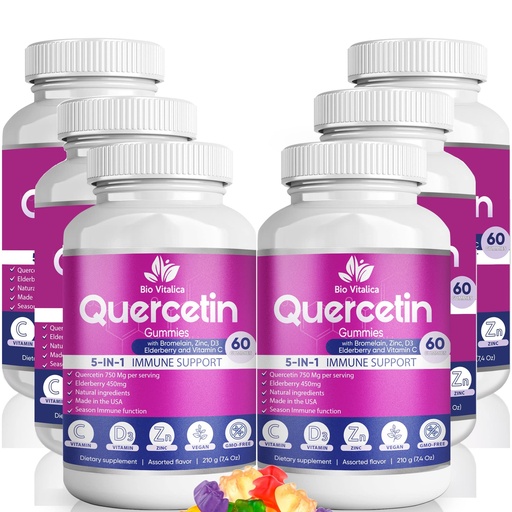 [BRSW2HT6AVYAGDY7] Quercetin Gummies by BioVitalica - Quercetin with Bromelain Vitamin C and Zinc & Elderberry + Vitamin D3-5 in 1 Immune Support - Zinc Quercetin 750 mg for Kids and Adult (6, Quercetin)