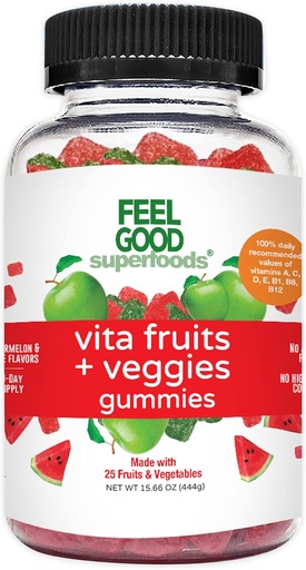 [BRSRMAYTOUMBM3LZ] FeelGood Superfoods Vita Fruits and Veggies Supplements, Multivitamin Fruit and Vegetal Gummies, 25 Fruits and Vegetals, Melancia e Apple Flavors, Vegan, Non-GMO, 60 Count
