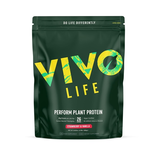 [BRSWYFALA55WMALL] Vivo life Perform Plant Protein Powder | 25g Protein with 6g BCAAs, Iron, Zinc, Turmeric & Herbal Enzyme Blend (34.85 oz (Pack of 1), Strawberry & Vanilla)