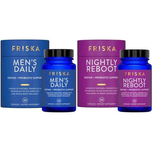 [BRSW2ZL2AAJRSYAV] FRISKA Mens & Nightly Probiotic Bundle | Digestive Enzymes & Probiotics Supplement | Male & Nightime Digestion & Bloating Support | 30 Capsules per Bottle