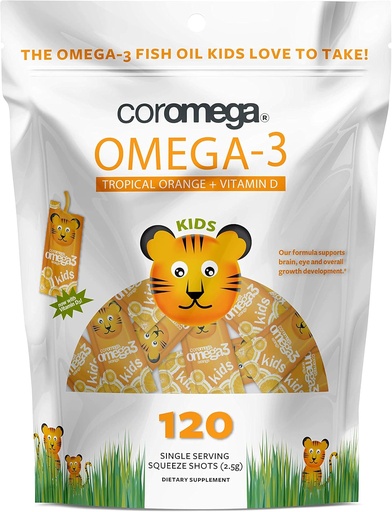 [BRSWGBI7B4FRG3DD] Coromega Kids Omega 3 Fish Oil Supplement, 650mg of Omega-3s, Tropical Orange + Vitamin D, 120 Single Serve Squeeze Packets
