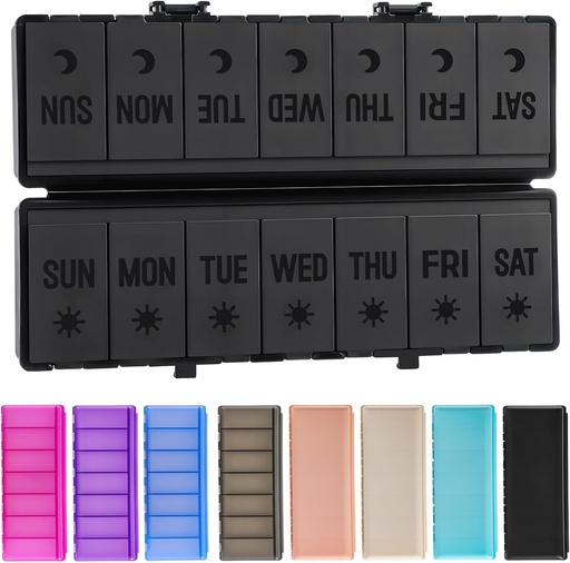 [BRSRAFAOBV5GOG3F] Organizador de píldoras plegable 2 veces al día w / Etched Labels -Protección final &amp; portátil semanal AM caja de píldoras, 7 días Contenedor de medicina, gran caja de píldoras de viaje para semana Suplemento diario Vitamina - All Black