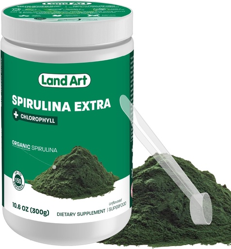 [BRSROAY5B4NQ2HTG] Land Art Certified Organic Fresh Spirulina Extra Powder 300g - Verbessert mit Bioverfügbarem Chlorophyll Hinzugefügt - Unvorhergesehen - Clean Source - 3rd Party Getestet - Messlöffel drinnen