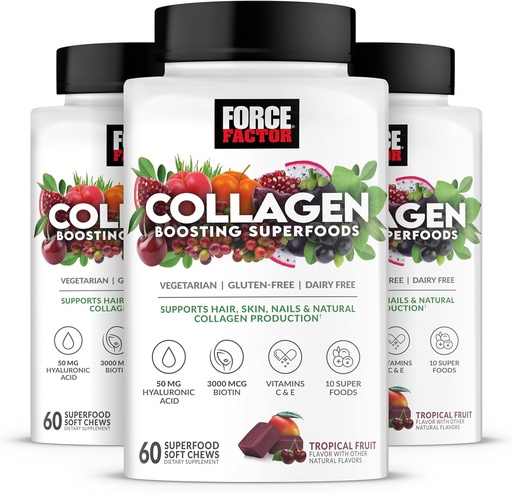 [BRSROHYDB4OW2CL2] FORCE FACTOR Collagen Boosting Superfoods, Vegan Collagen Booster for Women, With Biotin, Hyaluronic Acid, and Vitamin C, For Hair, Skin, Nails, & Joint Support, Tropical Fruit, 180 Soft Chews, 3-Pack
