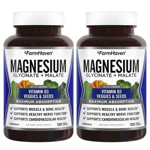 [BRSRM232DIBBAHIY] FarmHaven Magnesium Glycinate & Malate Complex w/Vitamin D3, 100% Chelated for Max Absorption- Bone Health, Nerves, Muscles, 240 Capsules, 120 Days