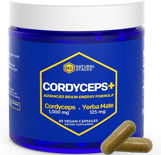 [BRSROCA2BF7QYGT6] Cordyceps Mushroom Capsules - 1000mg Cordyceps Extract & 125mg Yerba Mate Extract - 100% Fruchtkörper Pilzergänzung - unterstützt Gehirnenergie & Kognitive Leistung - 60 Yerba Mate Kapseln