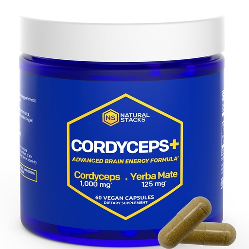 [BRSROCA2BF7QYGT6] Cordyceps Mushroom Capsules - 1000mg Cordyceps Extract & 125mg Yerba Mate Extract - 100% Fruiting Body Mushroom Supplement - Supports Brain Energy & Cognitive Performance - 60 Yerba Mate Capsules