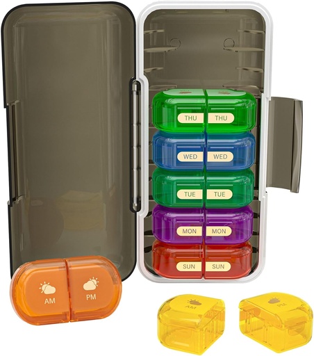 [BRSROFIRPMNBOHYY] Weekly Pill Organizer 2 Times a Day, Moisture-Proof, Detachable Compartments, AM PM Pill Box 2x 7 Day, Travel Pill Organizer for Pills/Fish Oil/Medication/Vitamin/Supplements (Black + Colorful)