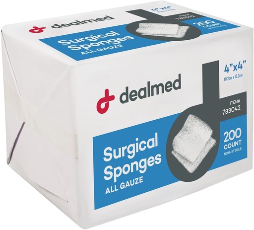 [BRSWGEACPJ7RAAY6] Dealmed 4" x 4" Surgical Sponges, 8-Ply, Non-Woven Absorbent Gauze Sponges for Wound Care, First Aid Kits and Medical Facilities, 200 Count (Pack of 1)