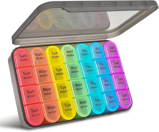 [BRSRMZYFBF7WO23D] Greencycle Weekly Pill Organizer, 7 Day / 4 Times A Day Large Pill Cases Moisture-Proof Pill Box AM PM Medicine Organizer to Hold Vitamins Fish Oil Compartments Supplements (Rainbow)