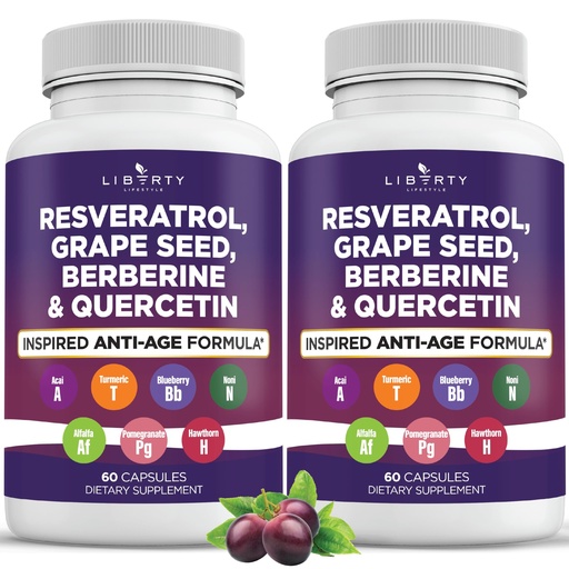 [BRSRAATROV6RG3Q3] Liberty Lifestyle Resveratrol, Berberine, Grape Seed Extract, Quercetin, Polyphenol Supplement for Women and Men with Noni Extract, N-Acetyl Cysteine, Acai Extract - 2-Pack