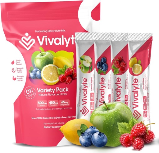 [BRSRAEIBBYIRU33H] Electrolyte Powder No Sugar Stevia Sweetened 100% Natural Hydration Packets - 20 Count | Sodium, Potassium Citrate & Magnesium L-Threonate (5.64, Variety Pack)