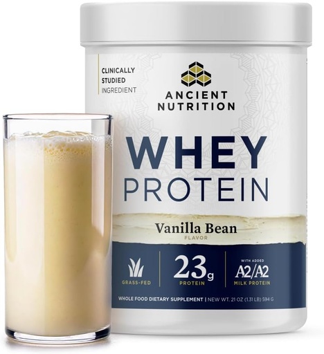 [BRSRAY3QCMIAA3IV] Ancient Nutrition Grass Fed Whey Protein, Vanilla Bean, 23g Protein, 20 Servings, Hüdrolüüsitud kollageenpeptiidid, Orgaaniline Regeneratiivne A2/A2 Piimaproteiin