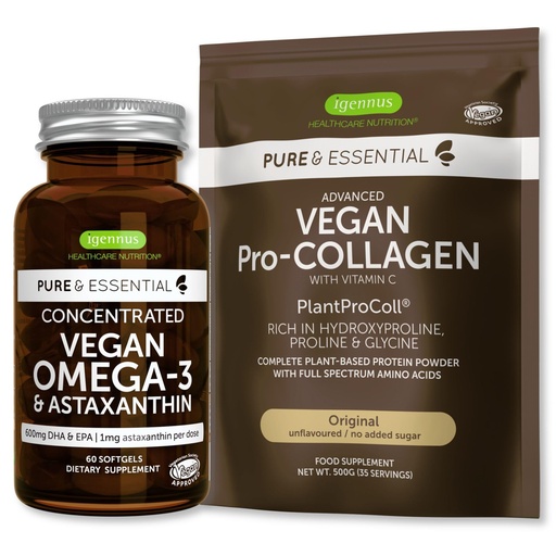 [BRSW2BT7DEGQEYDP] Pure & Essential Vegan Collagen Peptide Protein Powder & Vegan Omega 3 Bundle, Complete Collagen Boosting Formula & Sustainable Algae Oil 1340mg, by Igennus