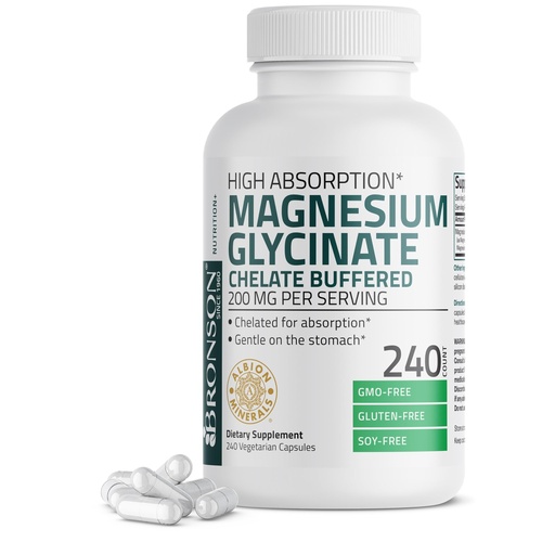 [BRSROCAPPMFB6AD2] Bronson Magnesium Glycinate 200 MG per Serving Chelated for High Absorption, Gentle On Stomach, Non-GMO, 240 Vegetarian Capsules