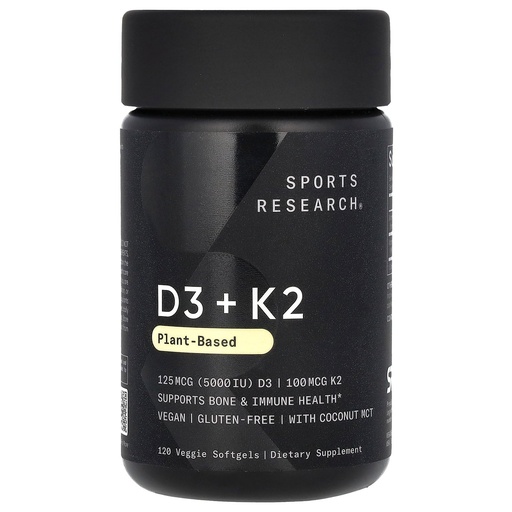 [BRSWGHARCR6RGDQ2] Sports Research Vitamin D3 with K2 Softgels - Plant Based K2 & Vegan D3 5000iu with Coconut MCT Oil - Vegan Certified, Soy & Gluten Free - 120 Count