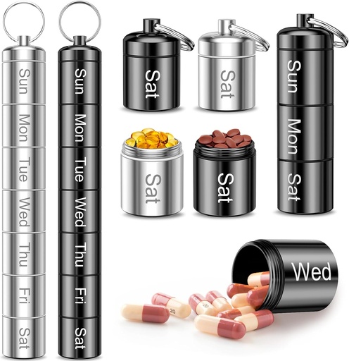 [BRSRA2YFBF7WGFL5] Weekly Pill Organizer, QuwaYee Portable Small Pill Case Keychain Pill Holder for Travel, 2 Pack Metal Pill Case Waterproof Daily Medicine Pill Organizer for Vitamin, Fish Oil, Supplement
