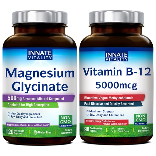[BRSROBD2AAFGG3L4] Innate Vitality Magnesium Glycinate & Vitamin B12 Bundle, No Gluten & Vegan, Magnesium (120 Caps) & Vitamin B12 (90 Fast Dissolve Tabs), Value Pack, Bundle & Save