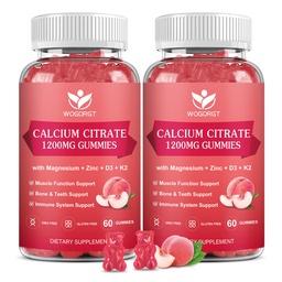 Calcium Citrate 1200mg Gummies with Vitamin D3, K2 - Chewable Calcium Magnesium Zinc d3 Supplement with Sea Moss Extract for Bone, Teeth, Immune Support for Women & Men, Peach Flavor-60 Gummies(2Pack)