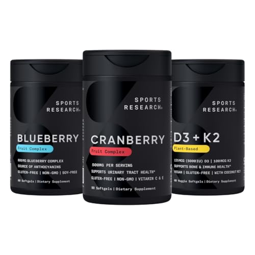 [BRSRAZYZAAIAIDTU] Sports Research® Cranberry Fruit Complex Supplement with Pacran & Vitamins C & E, Whole Fruit Blueberry Concentrate Made from Organic Blueberries and Plant Based Vitamin D3 + K2 with Coconut Oil