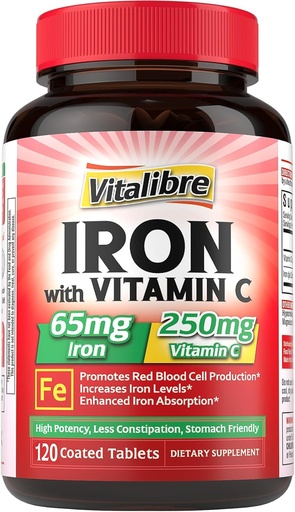 [BRSRAFIRCAORUFA2] Iron Supplement 65mg with Vitamin C, Stomach Friendly Carbonyl Iron, High Potency & Absorption, for Healthy Iron & Energy Levels, Supports Red Blood Cell Production, 120 Tablets