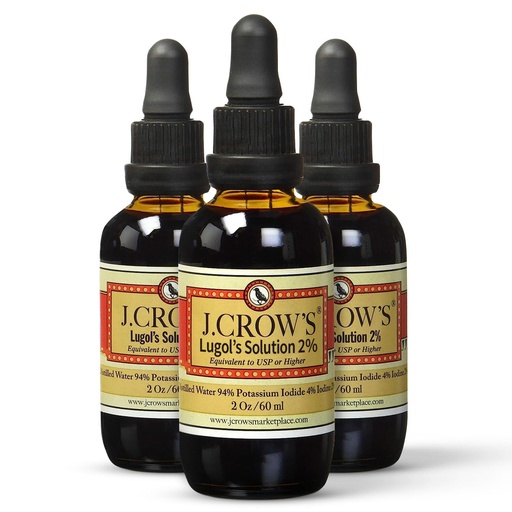 [BRSWGHD5AVYA23IZ] J.CROW'S® Lugol's Solution of Iodine 2% 2 oz (3 Bottles) – Premium Iodine & Potassium Iodide Liquid, Gluten & Alcohol-Free Natural Brine Extract, No Expiration - 1200 Drops