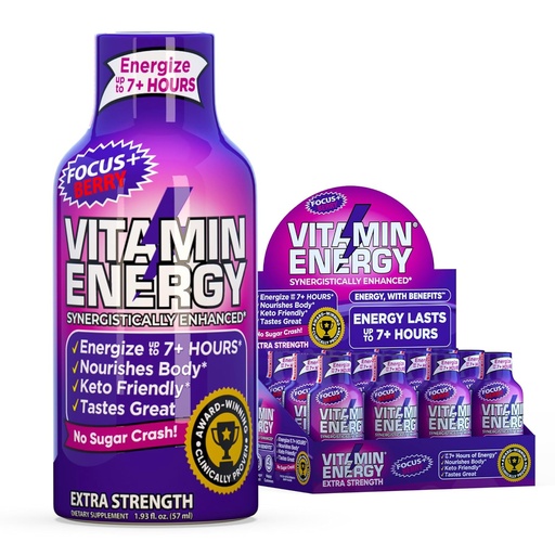 [BRSRM2QRDN4BUELD] Vitamin Energy Focus+ Extra Strength Energy Shot Berry 4 Pack, 260mg Natural Caffeine, B-Vitamins, CoQ10, Amino Acids, Focus, Productivity & Clarity, Zero Sugar, Gluten-Free, 1.93 fl oz