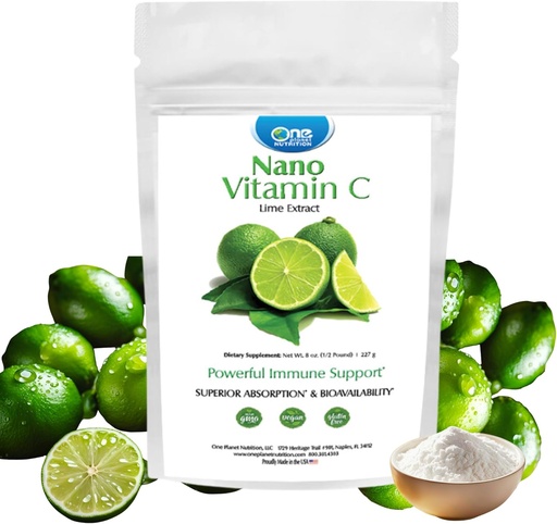 [BRSRMAA7DECGAALL] One Planet Nutrition Nano Vitamin C Powder 8 oz (227 Servings), Ascorbic Acid from Lime Extract, Nano for Enhanced Absorption, Supports Collagen Production & Immune Health, Non-GMO, Vegan