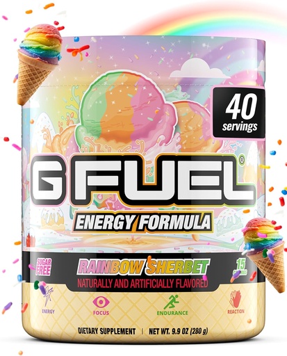 [BRSWGZINDMIBOE3K] G Fuel Rainbow Sherbet Energy Drink Powder, Pre Workout Caffeine Mix for Gaming, Sugar Free Focus Amino, Vitamin + Antioxidants, 9.9oz (Rainbow Sherbet, 40 Servings)