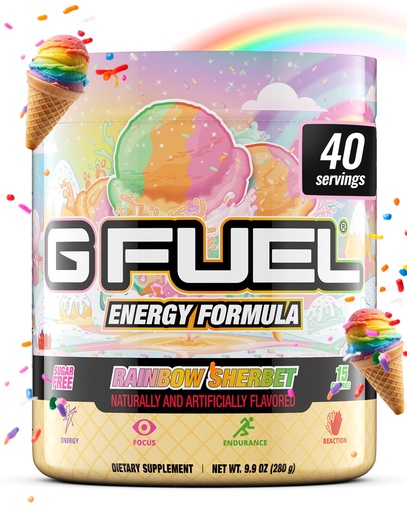 [BRSWGZINDMIBOE3K] G Fuel Rainbow Sherbet Energy Drink Powder, Pre Workout Caffeine Mix for Gaming, Sugar Free Focus Amino, Vitamin + Antioxidants, 9.9oz (Rainbow Sherbet, 40 Servings)