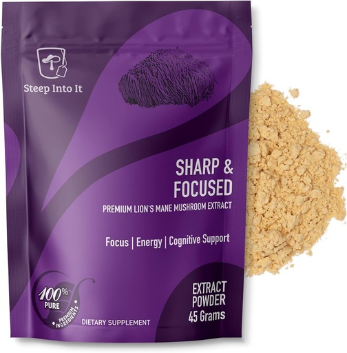 [BRSW2HYQBEORYG3X] Organic Lions Mane Mushroom Supplement - Lions Mane Extract Powder for Mental Clarity, Focus and Cognitive Function (45g, 30 Servings) - Sharp & Focused