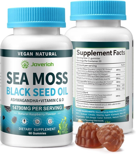 [BRSRAFD6BZ5GKCQ4] Vegan Ashwagandha Sea Moss Gummies - Black Seed Oil, Vitamin C & D för Immune Support, Digestive, Antioxidant 13 i 1 Bundle, Sea Moss Chlorophyll Avancerad styrka Formel 2Pack 120 Gummies
