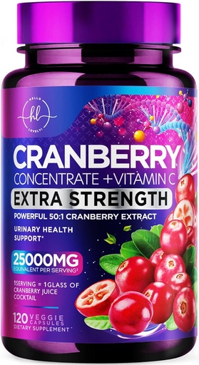 [BRSRAZIRAQIGGAA4] Suplement żurawinowy 25,000mg Formuła + Witamina C - Urynary Tract Health Support for Women & Men, 50: 1 Whole Fruit Cranberry Extract Pills for Women, Sugar- Free, Non-GMO, Gluten- Free - 120 Kapsułki