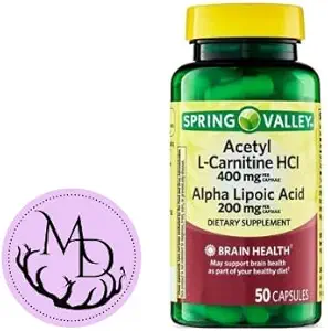 [BRSRAYYHBFYBO3A6] Generic Acetyl L-Carnitine HCI 400 mg + Alpha Lipoic Acid 200 mg Capsules Spring Valley, 50 Count + Sticker Dri Store
