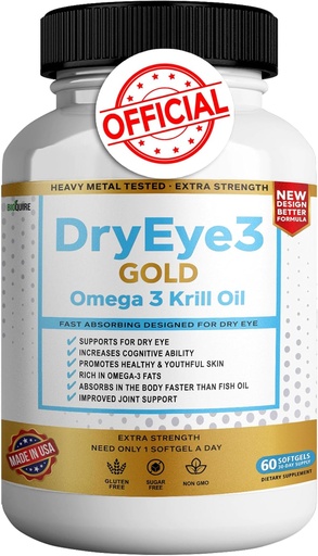 [BRSRAAIOO4CBMCDB] Dry Eye 3 Gold Omega 3 Krill Oil Extra Strength, 60 Softgels, Dry Eye Support, Non-GMO, Gluten Free, Sugar Free (1)