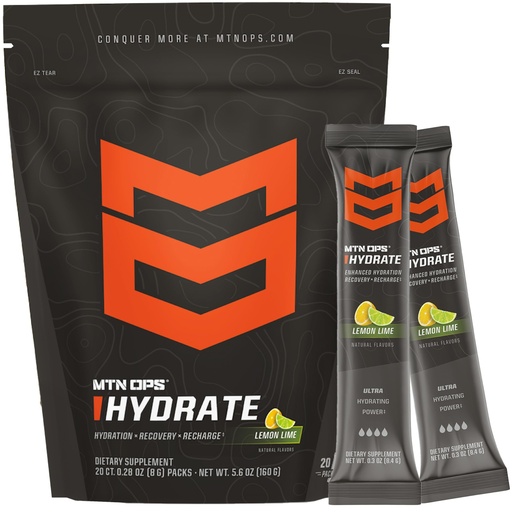 [BRSROGQRAQCBSG3J] MTN OPS Hydrate Electrolytes Powder Drink Mix, 20 Single Serving On-The-Go Electrolyte Packs with Over 1000mg of Electrolytes per Serving, Lemon Lime