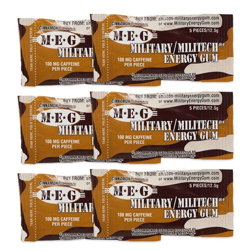 [BRSWIYQDOECQAF34] MEG - Military Energy Gum | 100mg of Caffeine Per Piece + Increase Energy + Boost Physical Performance + Cinnamon 6 Pack (30 Count)