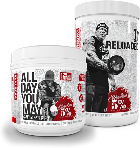 [BRSRM2YCAFYG2H3U] 5% Nutrition Rich Piana Bundle | AllDayYouMay Caffeinated BCAA Powder + Kill It Reloaded High-Stim Pre-Workout (Fruit Punch)