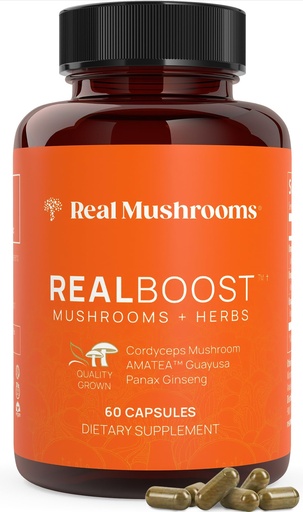 [BRSW2GQ7A56RMHT5] Real Mushrooms RealBoost Capsules – Cordyceps Mushroom, Panax Ginseng & Guayusa Extract – for Overall Wellness & Energy Support – Vegan, Non-GMO, No Fillers – 60 Count Mushroom Supplement Blend