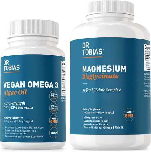 [BRSRA2Q5DMCBU3TZ] Dr. Tobias Vegan Omega 3 Algae Oil and Magnesium Bisglycinate, Essential Wellness Support for Heart, Brain, Muscle, and Bone Health, Non-GMO, Vegan