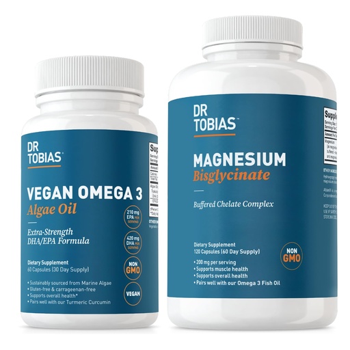 [BRSRA2Q5DMCBU3TZ] Dr. Tobias Vegan Omega 3 Algae Oil and Magnesium Bisglycinate, Essential Wellness Support for Heart, Brain, Muscle, and Bone Health, Non-GMO, Vegan