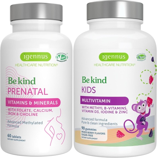 [BRSRAZL2C4AWEDT2] Hoge Absorptie Methylated Prenatale + Advanced Kids Multivitamine Gummy Vegan Bundle, Clean Label met Vitamine A, B, C, D3 & E, 60 Tablets + 90 Berry Flavor Gummies, Be Kind by Igennus