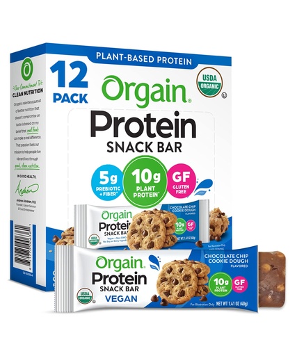 [BRSWKGQHC4FREHDY] Orgain Organic Vegan Protein Bars, Chocolate Chip Cookie Dough - 10g Plant Based Protein, Low Calorie Healthy Snacks, No Lactose or Soy Ingredients, Gluten Free, Non-GMO - 1.41 Oz (Pack of 12)