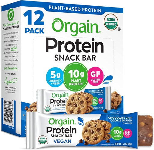 [BRSWKGQHC4FREHDY] Orgain Organic Vegan Protein Bars, Chocolate Chip Cookie Dough - 10g Plant Based Protein, Low Calorie Healthy Snacks, Non Lactose ou Soy Ingredients, Gluten Free, Non-GMO - 1.41 Oz (Pack of 12)